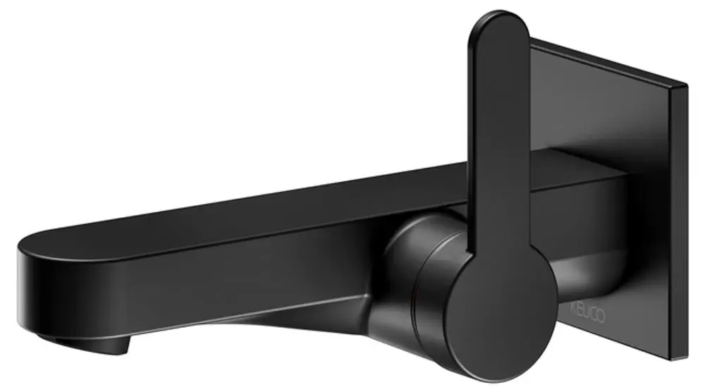 Schwarzer Wandmischer von Keuco mit einem modernen Design und einem langen Auslauf. Der Hebel zur Temperatureinstellung ist ergonomisch geformt.